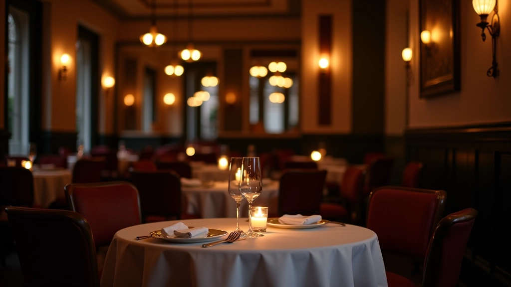 Restaurant parisien élégant avec tables dressées, serveurs en uniforme, ambiance chaleureuse avec lumière tamisée