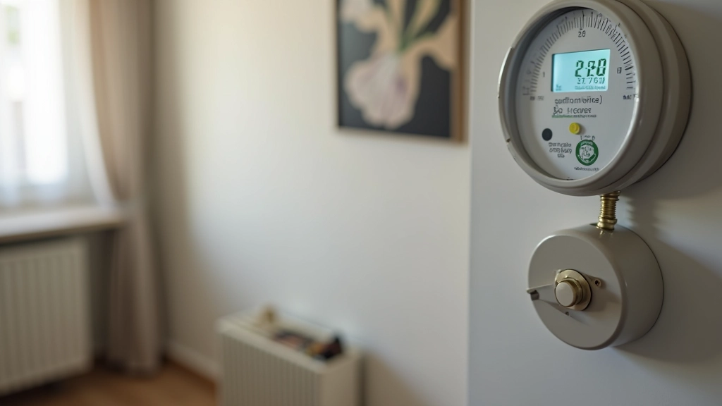 Facture d'électricité et de gaz avec graphiques de consommation, thermomètre, radiateur moderne dans un intérieur allemand