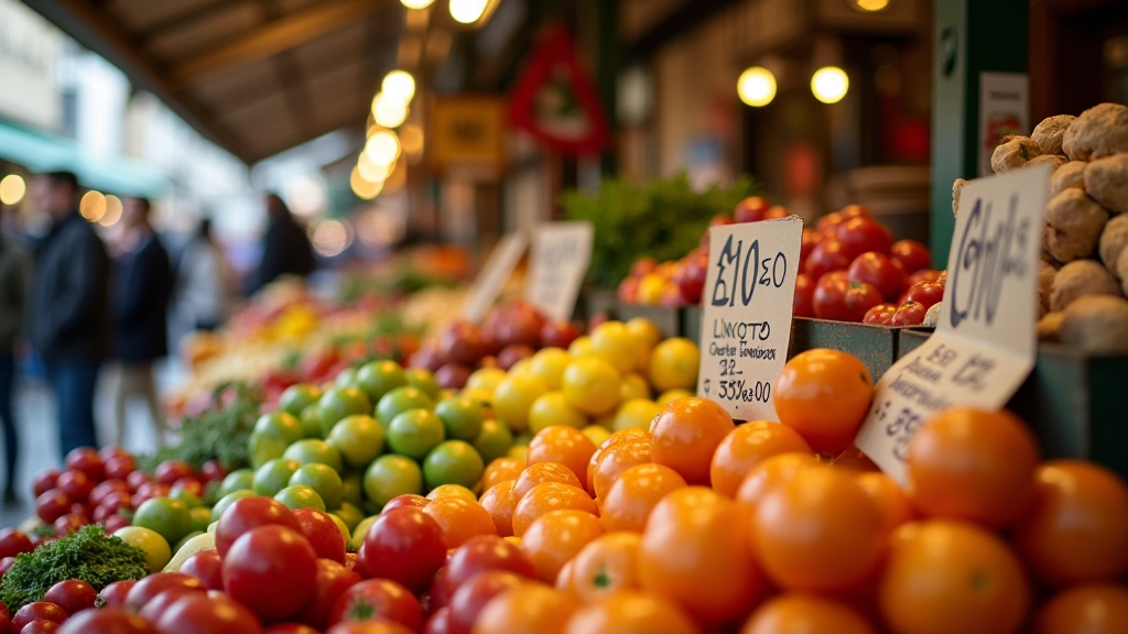 Marché européen avec fruits et légumes affichant les prix, illustration du coût de la vie quotidienne