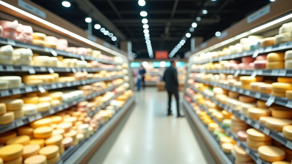 Rayon de supermarché allemand avec produits laitiers et fromages variés, étagères bien remplies, prix affichés clairement