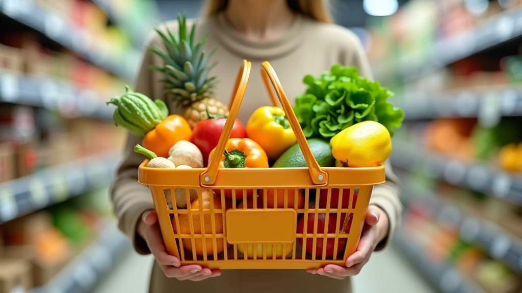 Panier de courses rempli de produits alimentaires variés montrant l'inflation des prix à l'épicerie