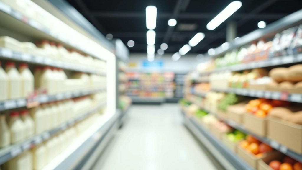 Étagères de supermarché avec produits alimentaires à bas prix dans un magasin d'Europe de l'Est