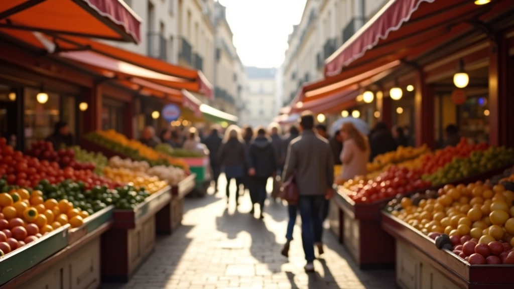 Marché parisien avec vendeurs et clients, boulangerie française avec vitrines de produits frais, ambiance urbaine
