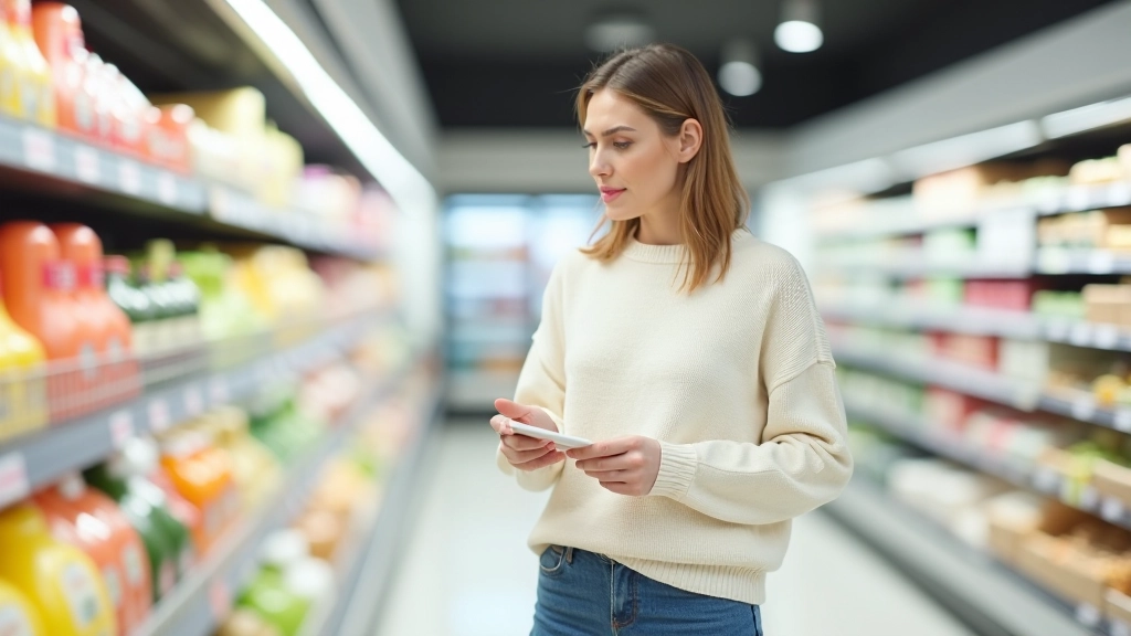 Femme comparant les prix de produits alimentaires en magasin, faisant ses courses intelligemment